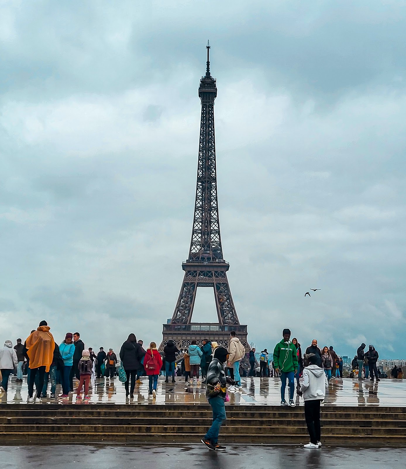 Tourist admiring the Eiffel Tower on a cloudy day in November. 